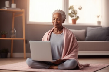 Healthy serene elderly woman meditating at home with eyes closed doing pilates breathing exercises, relaxing body and mind sitting on floor in living room. Mental health and meditation for no stress - Powered by Adobe
