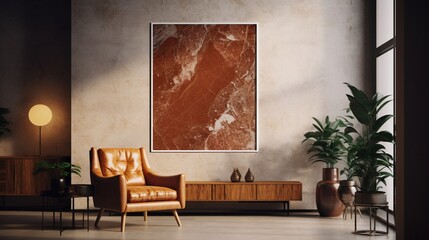 Craft an artistic mockup of a poster frame on a rough-honed marble wall in a bohemian-style loft with eclectic furniture.