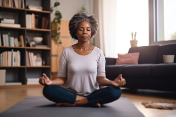 Healthy serene elderly woman meditating at home with eyes closed doing pilates breathing exercises, relaxing body and mind sitting on floor in living room. Mental health and meditation for no stress