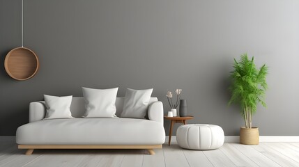 Fototapeta na wymiar Scandinavian home interior design of modern living room. White round pouf near sofa against grey wall with copy space. Generate AI