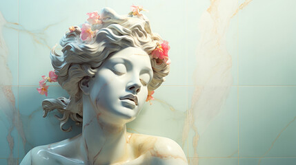 Marble statue of an ancient Greek goddess. Modern vibrant digital collage, minimalistic style, copy space