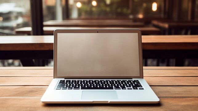 a captivating image of a woman's hands in action on a laptop with a blank screen, perfectly situated on a wooden table, ready for your creative touch