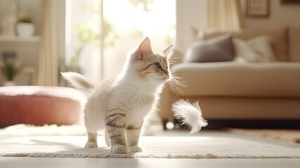 a young domestic cat as it pounces and plays with a feather toy in a serene, minimalist living room bathed in natural light.