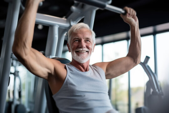 Elderly man exercise at gym in the morning. Website image - Powered by Adobe