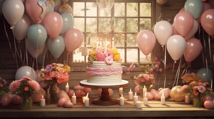 Create a 3D mockup of a rustic-themed birthday party with balloons, showcasing a vintage cake adorned with fresh flowers