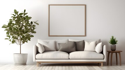 Fototapeta na wymiar Sofa and potted tree against beige wall with big blank mock up poster frame, scandinavian home interior design of modern living room, Generate AI