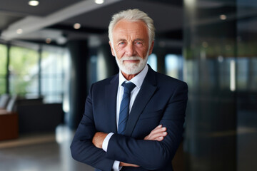Happy handsome proud stylish elderly professional business man ceo, successful confident smiling good looking male executive wearing suit standing in office looking at camera, portrait. Website image