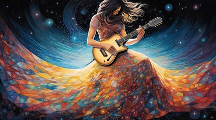 girl playing the guitar sitting in a long crystal skirt. Abstract surrealism expressionism - obrazy, fototapety, plakaty