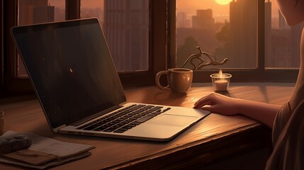 a serene environment with a close-up view of a laptop's empty screen, framed by the tactile warmth of a wooden table, under the skillful hands of a woman