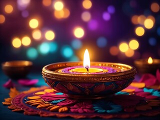 Happy Diwali festival concepts with diya oil lamp and floral mandala on blurred bokeh background....