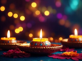 Happy Diwali festival concepts with diya oil lamp and floral mandala on blurred bokeh background....