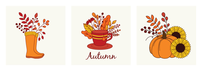 Autumn mood greeting card poster template. Fall Season Thanksgiving Invitation. Minimalistic card with nature leaves, sunflowers, pumpkins, a cup of tea and rubber boots. Vector illustration