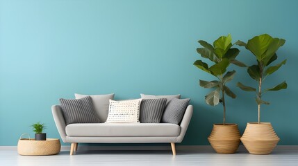 Sofa with grey pillows and wicker pot with houseplant against teal wall with copy space. Minimalist home interior design of modern living room. Generate AI