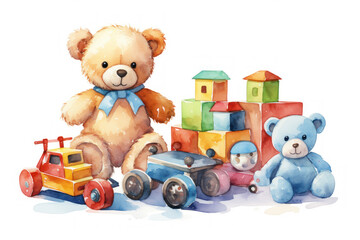Watercolor illustration on a children's theme, cute baby toys, pastel colors