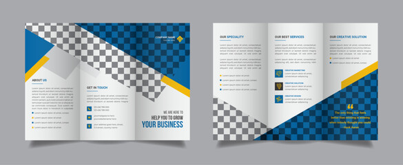 Tri-fold vector brochure template with blue yellow round elements for corporate business
