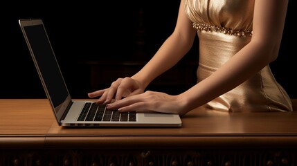 Naklejka premium a detailed scene showcasing the tactile details of a laptop's blank screen, gracing a wooden table with elegance, expertly handled by a woman.