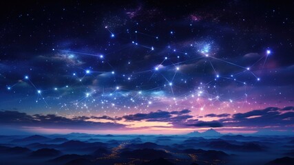 Constellation and stars over a distant mountain landscape
