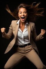 The pure delight on the face of a young and happy businesswoman radiates success and achievement.