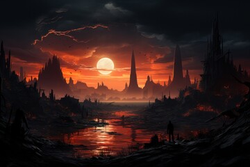 Naklejka premium Apocalyptic Cityscape. Ruined metropolis. skyscrapers overgrown with plants. haunting atmosphere. generative ai
