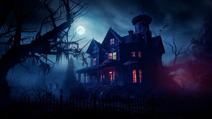 Fototapeta na wymiar Halloween Haunted Manor: A Sinister Night Under the Frightening Full Moon Amidst Dark Trees and Scary Bats