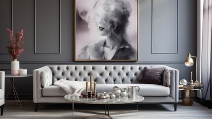 Tufted sofa and marble stone coffee table against Grey wall with big poster. Hollywood glam home interior design of modern living room. Generate AI