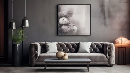 Fototapeta na wymiar Tufted sofa and marble stone coffee table against Grey wall with big poster. Hollywood glam home interior design of modern living room. Generate AI