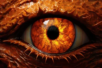 Zelfklevend Fotobehang eye of a dragon, dinocore, red glowing eye, disgusting, closeup, photorealistic // ai-generated © doc