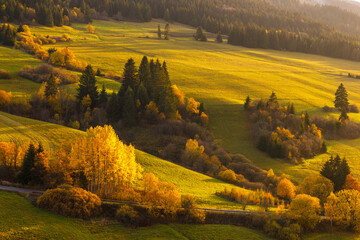 Autumn rural landscape at sunset. The Orava region of Slovakia, Europe.