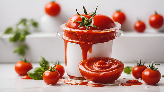 photo ketchup or tomato sauce with fresh tomato