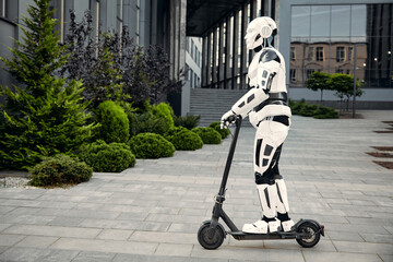 Robot rides a scooter on the street