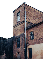 Old red bricks building on transparent background. Vintage walls and windows.