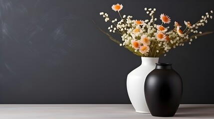 white glass and white ceramic vase with bouquet of field flowers against black wall with copy space. industrial home interior design of modern living room. Generate AI