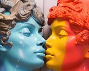 Two marble heads of statue devoid of excess detail, come together against a colorful rainbow backdrop, reflecting the principles of the LGBTQ+ movement.