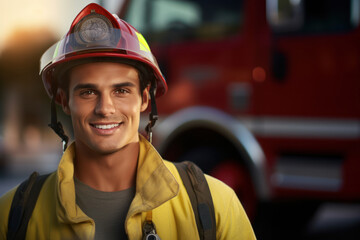 Captivating High-Resolution Image: Cheerful and Brave Firefighter with Helmet, Proudly Standing Before a Gleaming Fire Truck, Ready to Serve and Protect. - Powered by Adobe