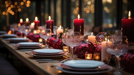 Fototapeta na wymiar Luxury dinner pacesetting with porcelain plates, wine glasses, red candles and holiday decor