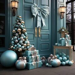 Front door and porch in light blue with Christmas or holiday decor ornaments and trees
