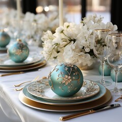 Christmas or holiday decor place setting tabletop in pale blue tones, porcelain and gold accents with ornaments, candles and floral sprig