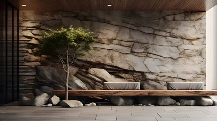 Foto op Canvas Wild stone cladding wall and wooden bench. Decorative tree trunks composition in minimalist style interior design of modern entrance hal. Generate AI © Muzikitooo