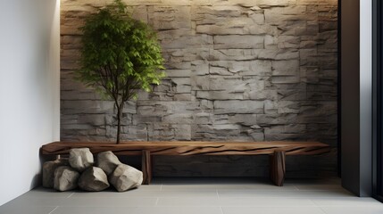 Wild stone cladding wall and wooden bench. Decorative tree trunks composition in minimalist style interior design of modern entrance hal. Generate AI - obrazy, fototapety, plakaty
