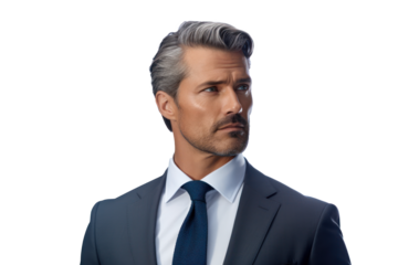 Refined Elegance Captured: Thoughtful, Handsome Adult Man, Dressed in a Tailored Suit, Pensively Posed Against a Pristine White Backdrop, Exuding Sophistication.