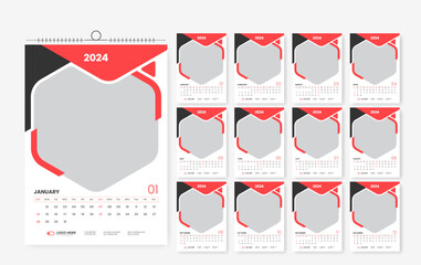 2024 wall calendar template design, 12-page modern print-ready calendar layout template