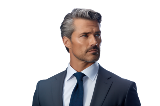 Refined Elegance Captured: Thoughtful, Handsome Adult Man, Dressed in a Tailored Suit, Pensively Posed Against a Pristine White Backdrop, Exuding Sophistication. - Powered by Adobe