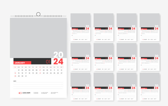 2024 wall calendar template design, 12-page modern print-ready calendar layout template