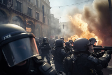 Tense Confrontation: Police Responding to Demonstrators in Chaotic Streets Filled with Tear Gas during Intense Civil Unrest..