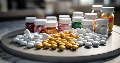 Various drug formulations spread out on a table, including tablets and capsules