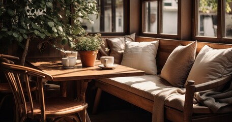 Cozy corner in a local coffee shop with handcrafted wooden furniture