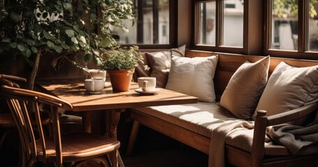 Fototapeta premium Cozy corner in a local coffee shop with handcrafted wooden furniture