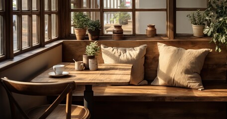 Cozy corner in a local coffee shop with handcrafted wooden furniture - obrazy, fototapety, plakaty