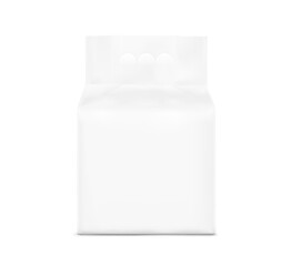 Realistic stand bag with hole handle mockup. Front view. Vector illustration isolated on white background. Ready for your design. Suite for the presentation of diaper, foods, wet wipe.