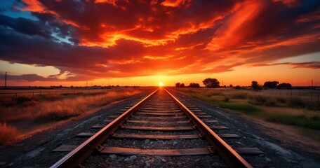Obraz premium Long stretch of railroad tracks, leading into a dramatic sunset with clouds painting the sky